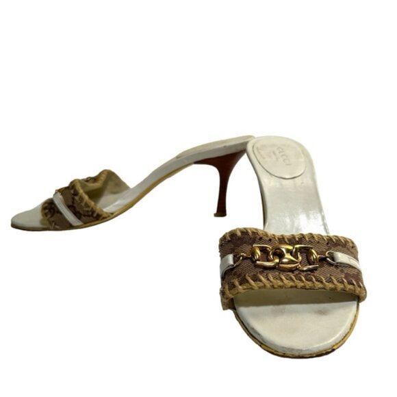 Gucci GG Horsebit Leather Canvas Open Toe Mules Slides Sandals Heels Neutral 36